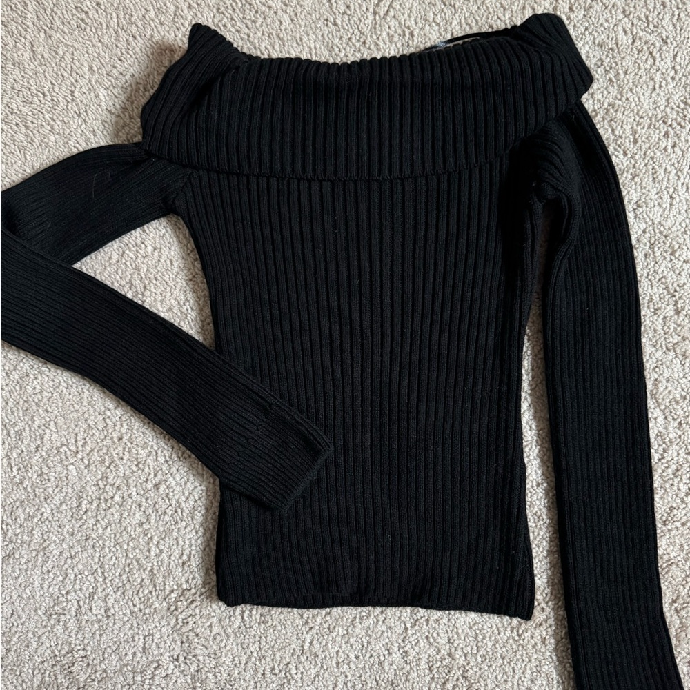 Black Off-Shoulder Ribbed Sweater